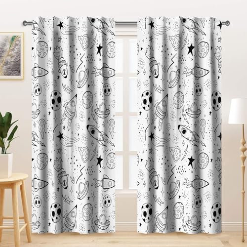 Kzzfqxb 107x160cm Tende dei cartoni animati 2 Pannelli, bianco nero spazio esplora pianeti razzi modelli UFO tenda per finestre, decorazione per la camera da letto dei bambini e il soggiorno