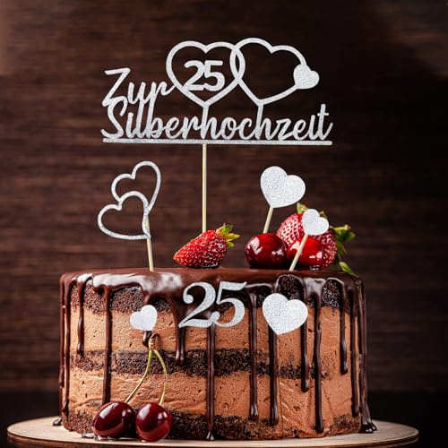 BMGRKYQX 7 Stück Tortendeko Silberhochzeit 25: Liebes Cake Topper Glitzer Silber 25 Jahre Silberhochzeit Dekoration Tortenstecker Hochzeit