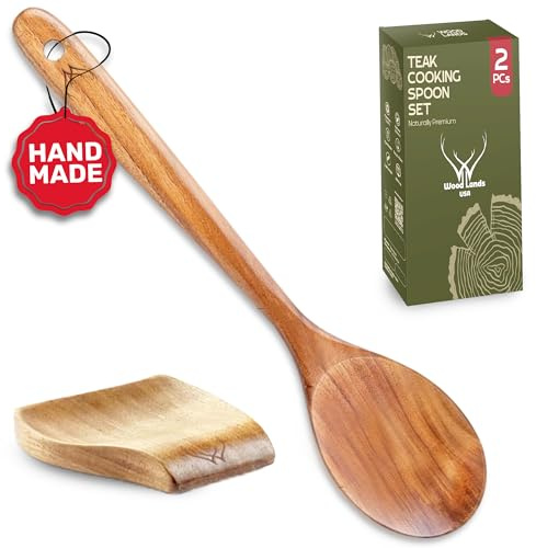 Premium Teak Wooden Spoon for Cooking with Large Spoon Rest - 12 Long Handle, Essential Wood Utensil Set for Kitchen & Perfect for Gifts