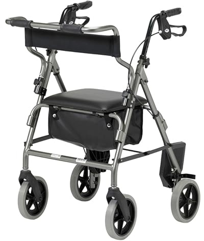Days 2-in-1 Rollator & Transit Chair – Lightweight Folding Mobility Aid with Seat, Footrests & Lockable Brakes – Max User Weight 160kg (Silver)
