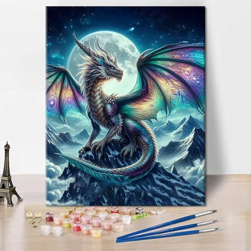 TISHIRON Dragon Paint by Numbers for Adults, Animals Oil Painting Kit, Moon and Mountain Adult Paint by Number Kits on Canvas DIY Acrylic Painting for Beginners, 16x20(Frameless)