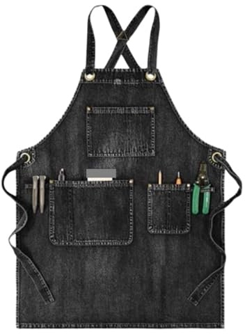 LSNNMU Delantal De Trabajo Delantal de Mezclilla Lavable for Restaurante, cafetería, barbería, panadería, horneado, Ropa de Trabajo for Hombres y Mujeres, Delantal Ajustable a la Cintura(Black)