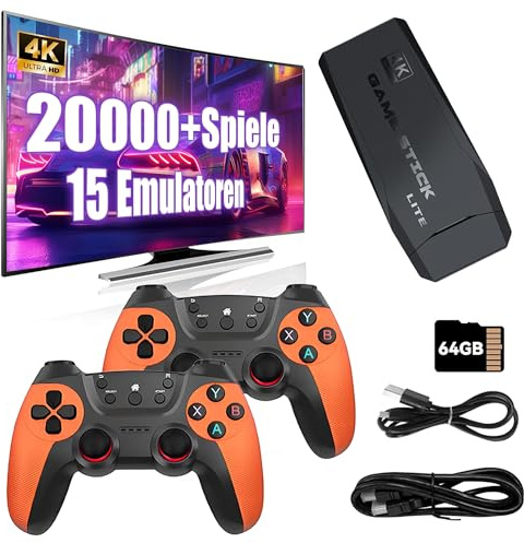 M9 Retro Spielstick, Retro Video Spielkonsole 64GB mit 20000+ Retro Spielen 15 Emulatoren, Plug and Play Retro TV Spiele, mit Zwei 2,4-GHz-Funkcontrollern, Unterstützung für Suche/Speichern/Favoriten