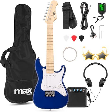 MAX GigKit Junior – Guitarra eléctrica infantil con amplificador, funda, afinador, púas y accesorios – kit guitarra y amplificador ideal para niños y niñas - Azul - 1/4 Infantil