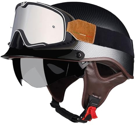 Caschi Jet E Demi-Jet Caschi Cromwell Omologato DOTECE Casco Mezzo Scooter Con Visiera Cascos Motociclista Elmetto Scodella Aperto Casco Retrò Moto Per Adulti Uomini Donne J,XXL:63-64CM