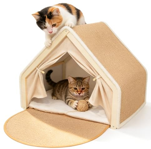 2-in-1 Katzenhaus mit Kratzbrett, Holz-Katzenzelt & Sisal-Kratzfläche