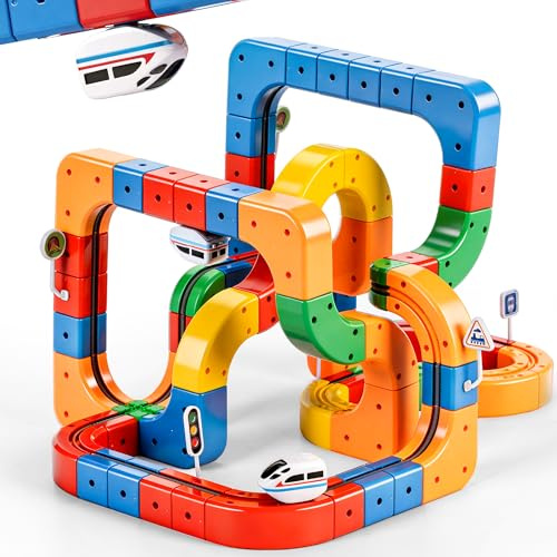Sitodier Elektrische Eisenbahn mit Flexibler Rennbahn, 123-teiliges 3D-Würfelbahn-Set mit motorisiertem Zug, der der Schwerkraft trotzt, Bahnbauset für Kinder im Alter von 3, 4, 5, 6, 7 und 8 Jahren