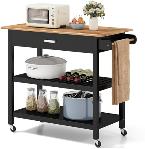 TANGZON Kitchen Island Cart, 3-Tier Rolling Storage Trolley with Rubber Wood Countertop, 1/2 Drawers, Side Handle & Wheels, Utility Serving Cart for Dining Living Room (Natural+Black, 106x50x89cm)