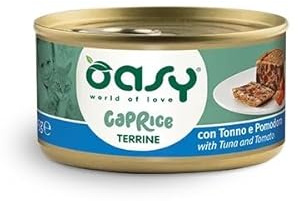 OASY Gatto CAPRICE • Terrina con Tonno e Pomodoro | alimento umido completo per gatti adulti, con morbidi bocconcini e verdure a pezzetti, 12 lattine da 85 grammi l'una.