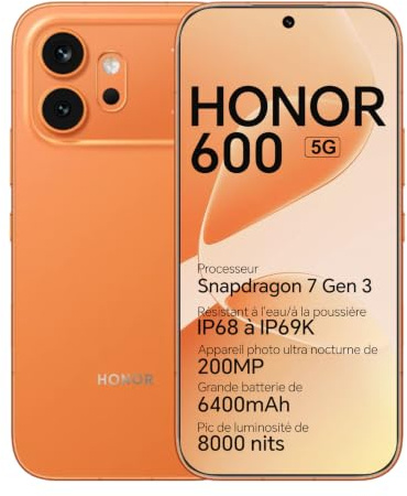HONOR 600 5G Smartphone, Pantalla AMOLED 6,57 120Hz, 8+512GB,Cámara 200MP, Grande Batería 6400mAh, Carga 80W, IP68/IP69K (Orange, 512,GB, 8GB)