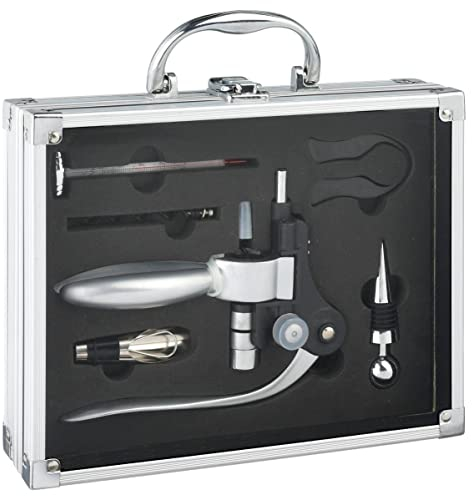SG Secret de Gourmet Coffret sommelier professionnel 6 pièces rangées dans une valisette en ALU - Tire-bouchon pro en inox, coupe capsule, thermomètre à vin, bouchons