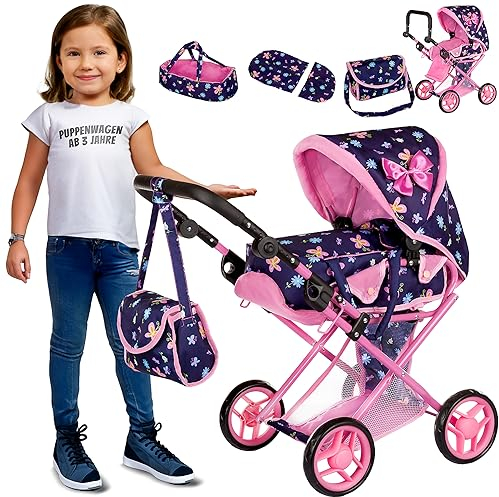 Kinderplay Puppenwagen 3-in-1 – Höhenverstellbar 36,5–64 cm – Für Puppen bis 40 cm – Leichter Aluminiumrahmen, leise Schaumräder, mit Tragetasche