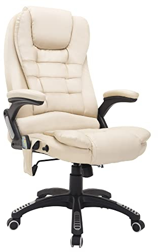 HOMCOM Bürostuhl mit Massagefunktion Ergonomischer Chefsessel mit Heizfunktion, Liegefunktion, Wippfunktion, Höhenverstellbar 360° Drehbar Schreibtischstuhl, Kunstleder, Creme