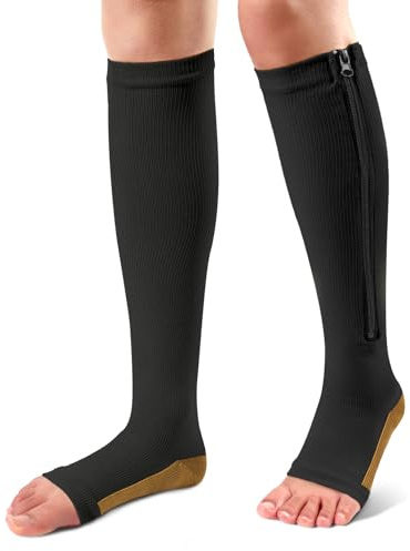 Ailaka Zipper 15-20 mmHg Compression Socks for Women Men, Knee High Open Toe Support Graduated Medical Varicose Veins Hosiery for Edema, Swollen, Pregnancy, Recovery (1 Pair)