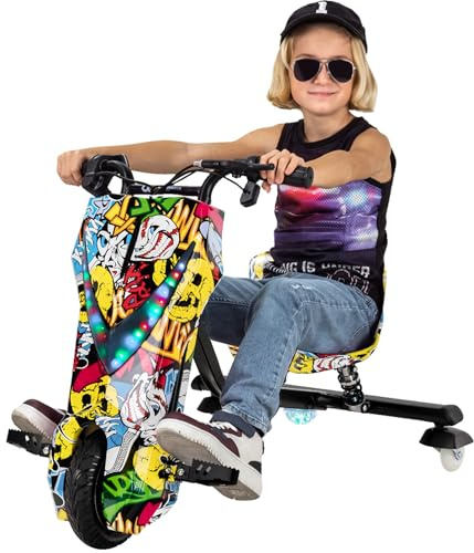 Actionbikes Motors Kinder Elektro Driftscooter (Grafit Gelb) | 𝟐𝟓𝟎 Watt | Drift Cart 360°| 3 Geschwindigkeiten | LED-Beleuchtung | Sitz verstellbar | Bluetooth | Drift Kart | Drift Auto