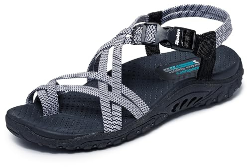 Skechers womens REGGAE - IRIE MON -Multi strap toe thong sandal, Black/White, 8