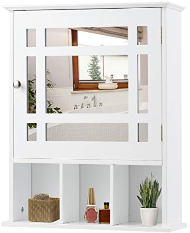 RELAX4LIFE Badezimmerschrank, eintüriger Spiegelschrank mit 3 offenen und 2 geschlossenen Fächer, Hängeschrank mit Spiegel & verstellbarem Einlegeboden, bis zu 43 kg belastbar, 50 x 16 x 61 cm, weiß