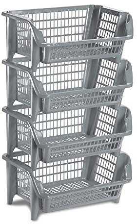 Kreher Regal bestehend aus vier stapelbaren Körben aus Kunststoff in Grau. Stapel- und nestbar. Beliebig erweiterbar.