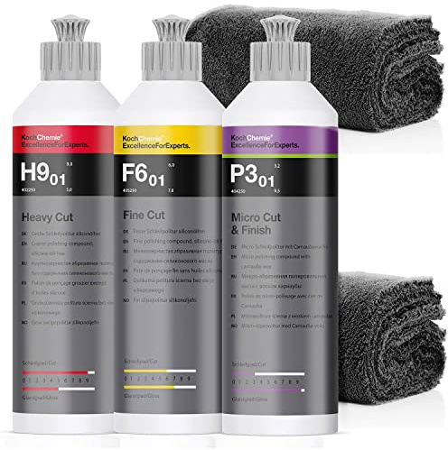 Kit de polissage KochChemie : Polish de ponçage grossier millilitre + Pâte de ponçage fin + Polish micro-polissage cire carnauba millilitre + 2 chiffons microfibre 550 g/m²