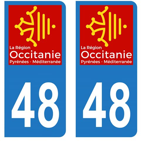 Autocollant Stickers plaque immatriculation voiture auto département 48 Lozère Logo Région Occitanie