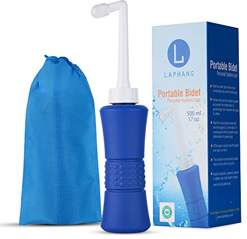 laphang Portable Bidet 500ml Blue Peri Bottle with Waterproof Pouch and Cap – PP + TPR, Leak Proof & Scratch Resistant –Perineal bottle for Postpartum Hemorrhoids Healing, Maternity Kit Essentials