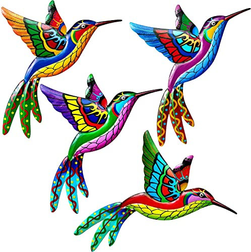 Metal Hummingbird Wall Art Garden Decoration - Colorful Birds Sculpture for Fence Indoor Outdoor Hanging Ornament for Home Yard Room (4Pcs)