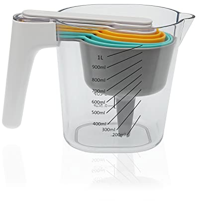 TIENDA EURASIA - Jarra Medidora, Vaso Graduado, Kit de Medicion Incluye Jarra, Raspador, Embudo, 6 Cucharas, Capacidad 1l, Tamaño aproximado 11 x 20,2 x 13,6 cm
