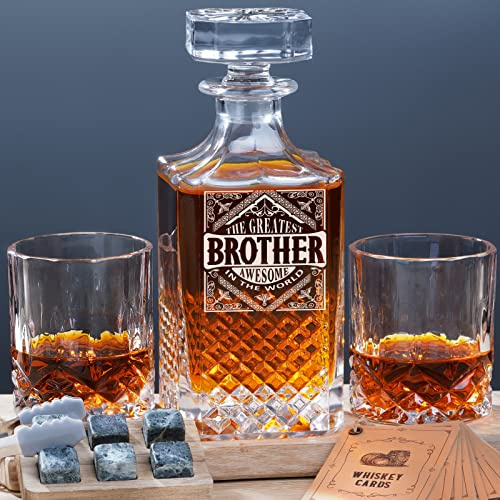 PONPUR Gifts for Brother, Whiskey Decanter Set with 2 Whisky Glasses, Unique Cool Father's Day Birthday Gift for Brothers Adult from Sister, Best Presents for Men