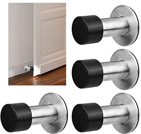 4PCS Door Stopper, TMBMLPP Adhesive Door Stop, Stainless Steel Door Stoppers, Sound Dampening Bumper Top, Door Stoppers,Wall Door Stop Bumpers for Home Office, Silver Tone, Black