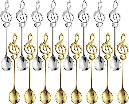 MIVIDE 16 stück Kaffeelöffel Musiknote, Dessertlöffel Edelstahl, Musiknoten Löffel Dekorative für Musiker Geschenke, Kaffee, Tee, Dessert (Silber und Gold)