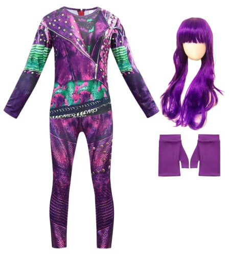 Berich Costume de princesse pour filles avec perruque, combinaison violette, ensemble d'Halloween pour la journée mondiale du livre, tenue de jeu de rôle pour filles, déguisement de 7 à 8 ans, 140