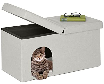 Relaxdays Casa Gato con Banco Rectangular, Cueva Gatito Plegable, Escondite Perro, Robusta, MDF, 38,5x74,5x37 cm, Beige