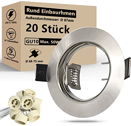 HiBay 20x Spot Encastrable GU10 Set,Cadres de Montage en Inox Brossé pour Spot Led Encastrable 65-68mm Avec Douille GU10,220-240V,Rond,Pour Lampes A LED Ou Halogènes