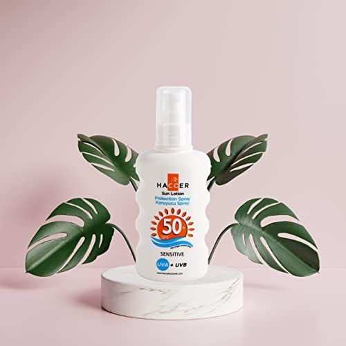 Haccer 50 + SPF Sun Lotion Protection Spray 150 ml – olio d'oliva, olio di sesamo e olio di cocco – Alto UVA – UVB, massima protezione dal sole, spray idratante per la protezione solare