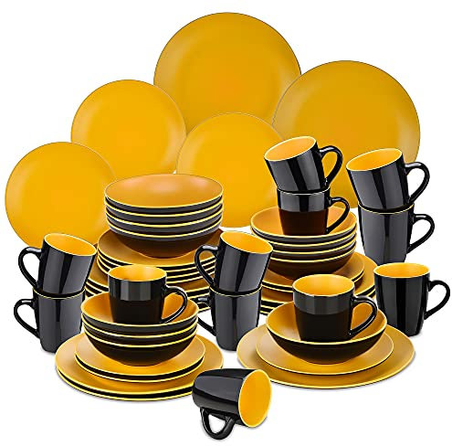 MyncbD Ceramic tableware 16/32/48 Piece Matte Black Red Crockery Dinnerware Set with Dinner Dessert Plate Bowl Mug Tablewar (Color : 48-Piece Yellow)