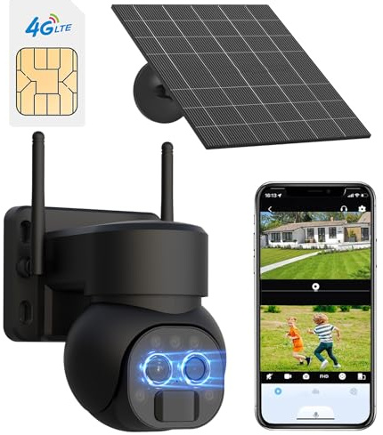 STUCAM 4G LTE Cellular Security Camera Dual-Lens,Outdoor Solar Cam with 12x Hybrid Zoom,PTZ Security Camera with 2K Night Vision and Sportlight,CCTV Camera with AI Detect,300MB SIM Card