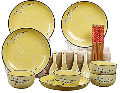 16 Pcs Dinnerware Sets, Porcelain Dinner Sets Service for 4,Plum Tableware Plates and Bowls Set Dessert Plates Dinner Plates Kitchen Dinner Set (Yellow)