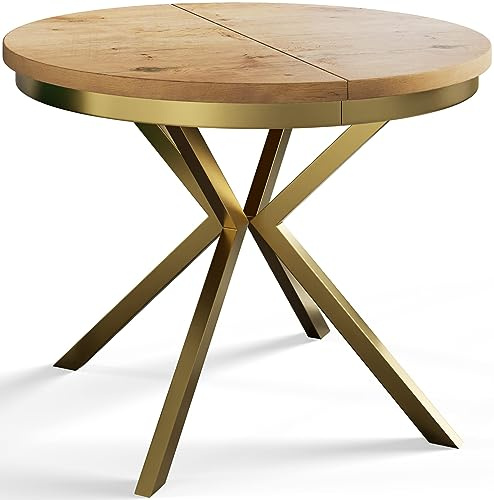 Esszimmertisch BERGO, Durchmesser: 120-200 cm, Hellbraun, Gold Beine | Runder Tish, Ausziehbarer Tisch, Wohnzimmertisch mit Metallbeinen