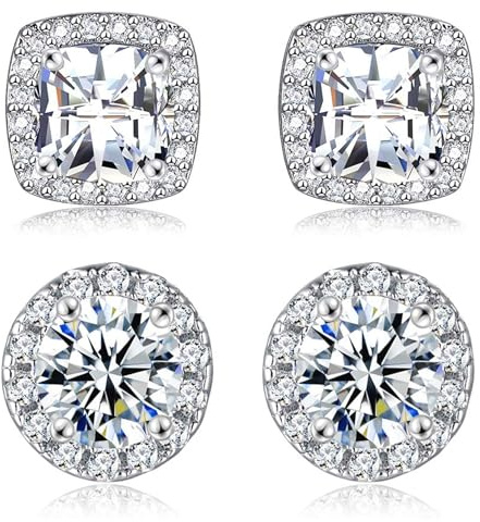 Silver Stud Earrings for Women Girls - 2 Pairs Silver Earrings, Hypoallergenic Cubic Zirconia Stud Earrings Diamond Earrings Set Jewellery Gift with Gift Bags