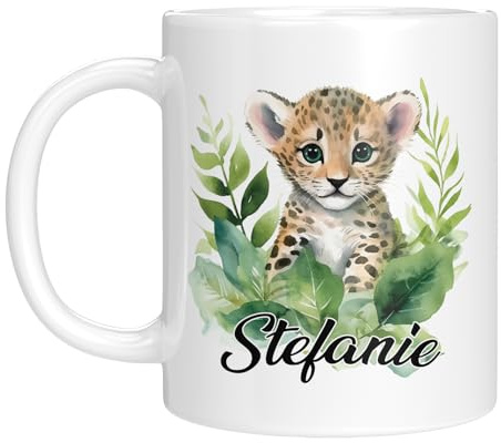 TassenTicker - Personalisierte Kindertasse mit Namen - mit Tieren - für Jungen & Mädchen - Tasse - Geschenk - Geburtstagsgeschenk - Namensgeschenke - Keramik - 330 ML (Leopard)