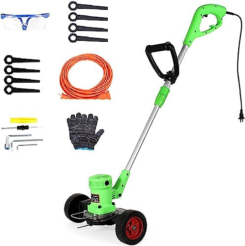 KOHARA Tagliaerba a Spina, Cavo di Alimentazione ad Alta Potenza da 680 W, 50 m, Piccolo diserbatore con Ruote, 2 Lame a Forma di Tosaerba Portatile, Lunghezza Regolabile, Girevole, da