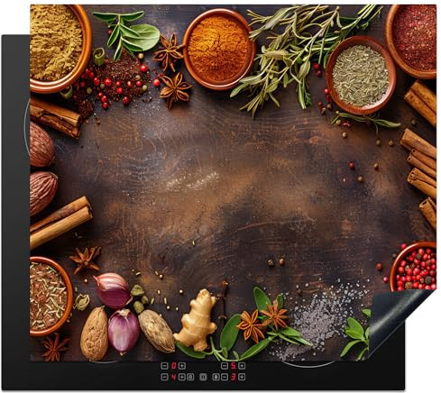 KitchenYeah© Protection Pour Plaque Induction Deco Cuisine Tapis Protégé | 60x52 cm - Cache De Cuisson Vitroceramique Épices - Herbes - Bâtons de cannelle - Impression sur bois