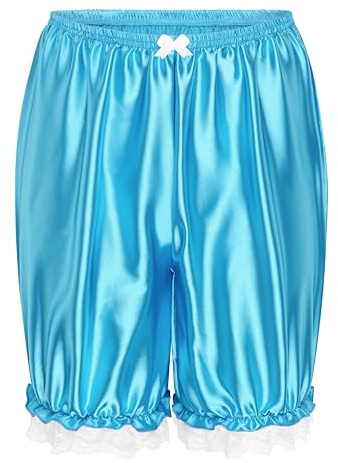 Satini Con Volant Pizzo Femminuccia Pieghettato Lolita Bloomer (Pantaloni) Pantaloncini Setoso Raso Pantaloni a Zucca (Blu Acqua, M)