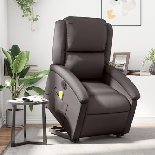 Homgoday Elektrisch Massagesessel mit Aufstehhilfe, Aufstehsessel, Relaxsessel mit Liegefunktion, Fernsehsessel, Ruhesessel Liegesessel, TV Sessel für Wohnzimmer Dunkelbraun Echtleder