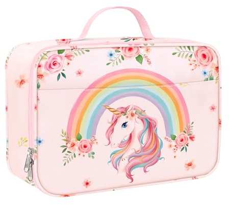 Clastyle Rosa Einhorn Isolierte Lunchtasche Kinder, Regenbogen Blume Klein Kühltasche für Mädchen, Wasserdichte Brotzeittasche für Picknick Schulen