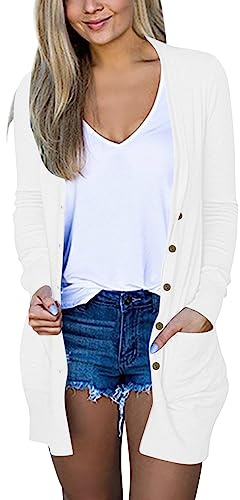 IQYU Cardigan léger pour femme avec boutons et poches - Cardigan long - Été ample - Avec poches - Décontracté - Manches longues - Automne - Cardigan de transition - Veste en tricot fin, Blanc., L