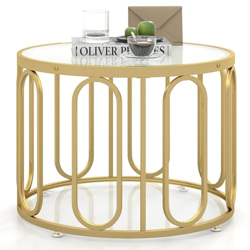 GOPLUS 2-stöckiger Couchtisch rund, Kaffeetisch mit gehärteter Glasplatte & schwenkbarem Metallgestell, Glastisch Wohnzimmertischm Sofatisch für Wohnzimmer &Büro, 60,5 x 60,5 x 44,5 cm, Gold
