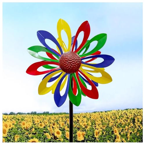 Windrad Garten Metall Groß Doppelwindrad mit gegenläufigen Rotoren,174CM, Windmühle Metall Für Garten Windmühle für Rasen Garten Hof Dekoration,Colorful