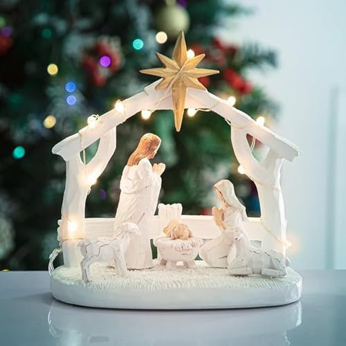 Light Up Christmas Nativity Scene Silhouette Holy Family Figurine Set Resin Jesus Christ Statues Tabletop Ornament Christmas Decorations Indoor (White, 17 * 17 * 12cm)