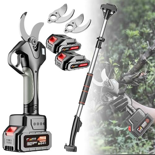 Tijeras de podar eléctricas inalámbricas con poste de extensión, funciona con batería de 21 V, corte de 45 mm, 3 cuchillas, jardinería sin esfuerzo con podadora de árboles extensible (2 baterías/3